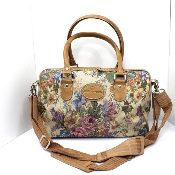 Vintage American Flyer Tapestry Large Carry-on Bag Duffle Pink Blue Floral - Picture 2 of 9